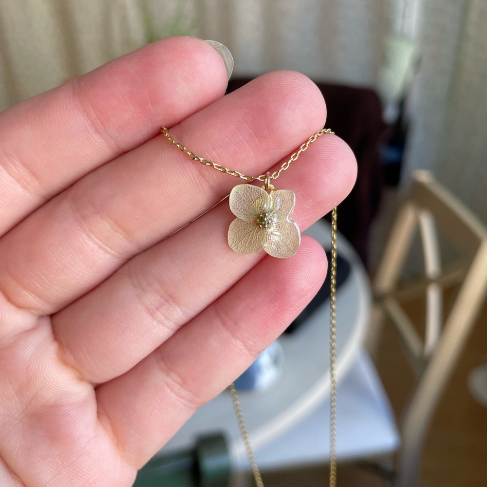 Hand pressed real blue flower necklace